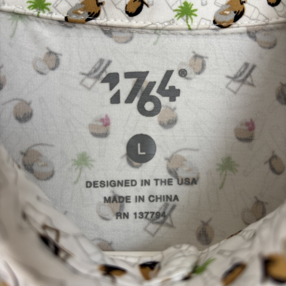 1764 Golf Polo Shirt AOP‎ Coconuts Beach Chairs Palm Stretch Resort Mens L White - Picture 4 of 10